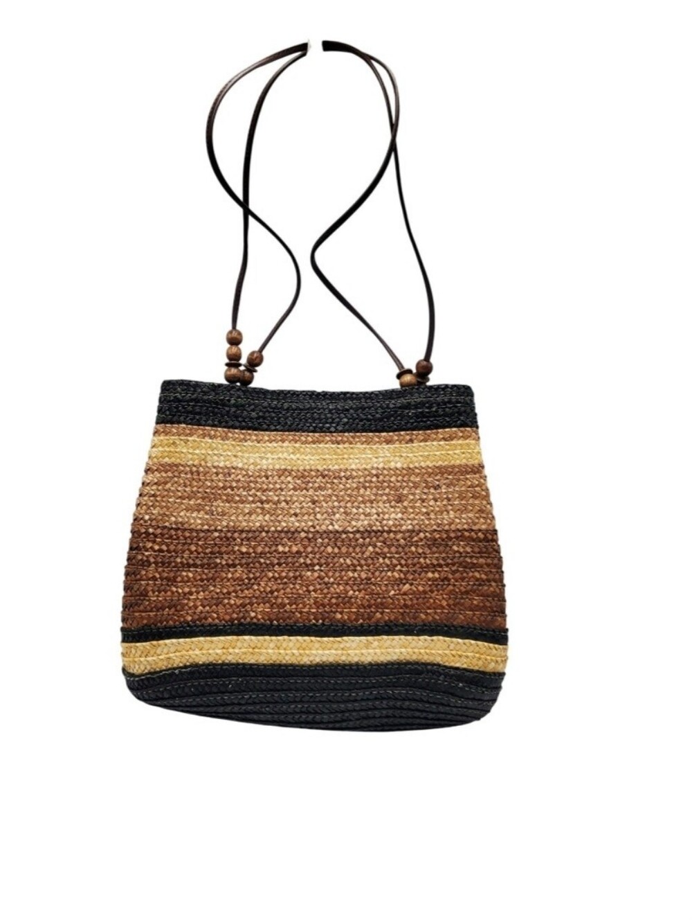Bohemian-style Horizontal Striped Woven Straw Shoulder Bag Tote Beaded Straps